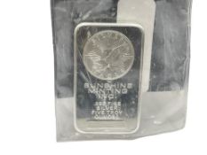 SUNSHINE MINTING .999 FINE SILVER FIVE TROY OUNCE BAR IN APMEX SEALED PACKAGING
