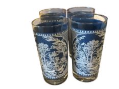 CURRIER & IVES BLUE AND WHITE ROYAL CHINA 12 OZ GLASS TUMBLERS SET OF FOUR CIRCA 1950