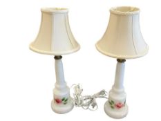 PAIR OF VINTAGE HAND PAINTED MILK GLASS TABLE LAMPS WITH TEXTILE SHADES