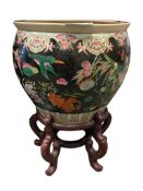 VINTAGE CHINESE FAMILLE NOIRE PORCELAIN FISHBOWL JARDINAIRE FEATURING KOI FISH AND BUTTERFLIES