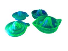 VINTAGE VASELINE GLASS CITRUS JUICERS INCLUDES A SUNKIST JUICER AND FROSTED GLASS JUICER
