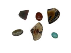 ASSORTED POLISHED STONES INCLUDING DENDRITIC AGATE, TURQUOISE, CARNELIAN, AND WATERMELON TOURMALINE