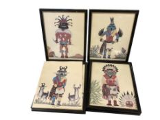 SEVEN HOPI NATIVE AMERICAN PRINTS BY BRUZE TIMECHE INCLUDING VARIOUS KACHINA DESIGNS