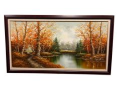 VINTAGE SIGNED GERSHNA ORIGINAL OIL ON CANVAS OF FALL PAINTING LANDSCAPE FEATURING TREES AND A RI...