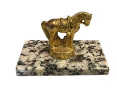EQUESTRIAN GOLD FINISH CAST METAL HORSE FIGURINE ON GRANITE SLAB