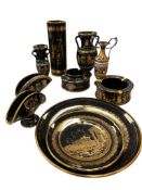 10 PIECES OF HANDMADE IN GREECE VINTAGE 24K GOLD PAINTED BLACK CERAMIC TABLEWARE BY SPECIAL