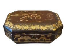 19TH CENTURY CHINESE LACQUERED BROWN TEA CADY WITH GILT DESIGN OCTAGONAL SHAPE