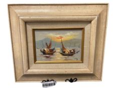 VINTAGE MID-CENTURY ORIGINAL OIL ON BOARD PAINTING OF HARBOR SCENE WITH FISHING BOATS SIGNED 