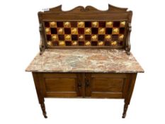 ANTIQUE EDWARDIAN MARBLE TOP WASH STAND WITH DECORATIVE TILE BACK SPLASH