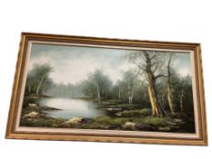 VINTAGE ORIGINAL OIL ON CANVAS LANDSCAPE PAINTING OF RIVER MEADOW