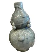 ASIAN POTTERY GOURD ON GOURD DECORATIE RACKLE FINISH VASE
