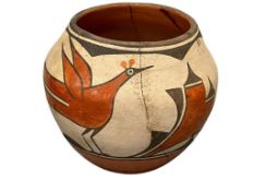 ZIA PUEBLO POLYCHROME CLAY POT / OLLA, NATIVE AMERICAN CLAY VESSEL ZIA BIRD AND GEOMETRIC DESIGN