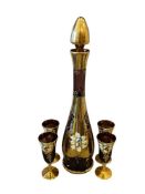BOHEMIA ART GLASS AMETHYST DECANTER, GILT AND ENAMELED DESIGN WITH MARTHING CORDIALS