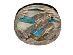 VINTAGE STERLING SILVER TOOLED BIRD MOTIF BELT BUCKLE FEATURING TURQUOISE AND MOTHER OF PEARL