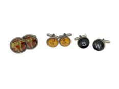 THREE PAIRS OF VINTAGE GENTLEMEN'S STERLING SILVER CUFF LINKS INCLUDING KINK OF HEARTS DESIGN