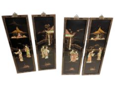 FOUR PIECE ASIAN BLACK LACQUERED WOODEN PANELS WITH CARVED OVERLAY