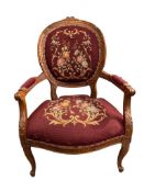 ANTIQUE VICTORIAN WALNUT ROUND BACK NEEDLEPOINT ARMCHAIR