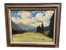NEVADA ARTIST GEORGE CARTER SIGNED ORIGINAL OIL ON CANVAS LANDSCAPE PAINTING OF MOUNTAINSIDE HOME
