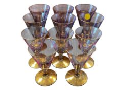ART DECO FRENCH CHAMPAGNE FLUTES WITH GILT BASE AND RIM SET OF 11 TWO DIFFERENT SIZES