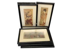 SEVEN VINTAGE JAPANESE WOODBLOCK PRINTS LIKELY UKIYO-E DEPICTING EVERYDAY LIFE INCLUDING 