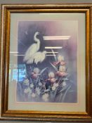 VINTAGE 1980'S ART DECO REVIVAL PASTEL COLORED PRINT OF EGRETS BY T.C. CHIU