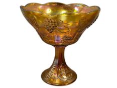 INDIANA GLASS HARVEST GRAPE PEDESTAL COMPOTE MARIGOLD CARNIVAL GLASS