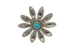 STERLING SILVER TURQUOISE FLOWER BROOCH