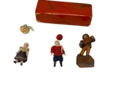 EARLY 20TH CENTURY GERMAN MADE BISQUE PORCELAIN DOLLS AND WOODEN FIGURE