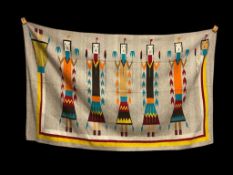 IMPRESSIVE ORIGINAL ANTIQUE HANDWOVEN NAVAJO YEI RUG FEATURING SIX POLYCHROME FIGURES