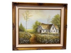 M. LIVINGSTON OIL ON CANVAS PAINTING OF COUNTRYSIDE HOME FEATURING PICKET FENCE AND WHITE DAISIES