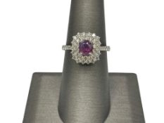 PLATINUM CUSHION CUT PURPLE-PINK KASMIR SAPPHIRE AND DIAMOND FASHION RING FEATURING GIA CERTIFICATE