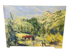 JANE HICKSON CARSON CITY, HOLLYWOOD, BORN ARTIST ORIGINAL OIL ON CANVAS OF CABIN IN HOPE VALLEY 1...