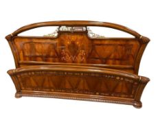 ELEGANT ITALIAN BAROQUE STYLE INLAID MARQUETRY BURL VENEER KING BED FRAME