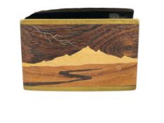 UNIQUE ARTIST SIGNED OTTO 1986 HANDMADE INLAID WOOD ON BRASS BELT BUCKLE FEATURING MOUNTAIN DESIGN