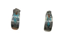 NAVAJO STERLING SILVER INLAID CRUSHED TURQUOISE AND CORAL PEYOTE BIRD EARRINGS