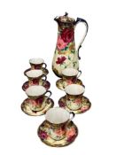 ANTIQUE HAND DECORATED PORCDLAIN CHOCOLATE POT WITH CUPS AND SAUCERS