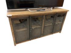 WORLD MARKET FURNITURE MODERN AGED LATTE WOOD, METAL, AND GLASS SOFA CABINET