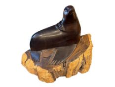 LARGE IRON WOOD HAND SCULPTED SEA LION ANIMAL FIGURAL