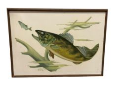 ORIGINAL OIL ON CANVAS PAINTING BY AMERICAN ARTIST HERB CHIDLEY OF WALLEYE FISH HUNTING ANOTHER F...