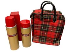 VINTAGE PLAID THERMOS FOUR PIECE PICNIC LUNCH SET FEATURING SOUP AND COFFEE THERMOS, CUPS, AND BAG