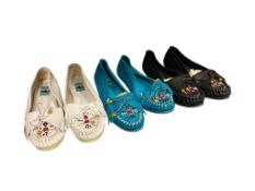PACIFIC MOC NATIVE AMERICAN STYLE LEATHER BEADED LADIES MOCCASINS IN BLACK, WHITE, AND TURQUOISE