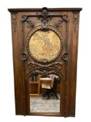 ANTIQUE 19TH CENTURY FRENCH CARVED OAK AND TIGER'S OAK TRUMEAU MIRROR WITH WOVEN TAPESTRY