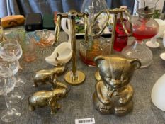 POLISHED BRASS HOME DECOR INCLUDING TOWEL RINGS, BAR FIGURE, AND ELEPHANT FIGURES
