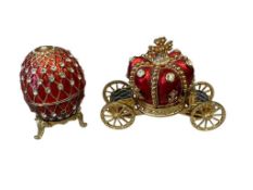 BEJEWELED AND ENAMELED EGG AND STAGECOOACH DECORATIVE PILL BOXES