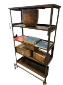 WORLD MARKET FURNITURE MODERN AGED LATTE WOOD AND METAL SHELVING UNIT FEATURING FOUR TIERS