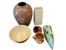20T CENTURY ASSORTED POTTERY VASES, WALL POCKET, BOWL, AND MINIATURE HANGING POT