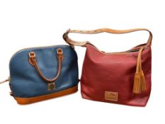 TWO DOONEY & BOURKE NAVY BLUE AND RED LEATHER LADIES' HANDBAGS WITH BROWN LEATHER ACCENTS