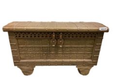 VINTAGE INDIA BRASS LINED WOOD PITARA BOX / DOWRY TRUNK FEATURING VARIOUS SYMBOLIC ANIMALS IN REL...