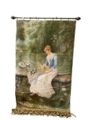 LATE 19TH CENTURY HAND PAINTED TAPESTRY DEPICTS SEATED WOMAN ALONG A RIVER WITH SWANS IN BACKGROUND