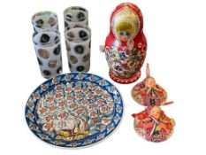 RUSSIA, TURKEY, AND HOLLAND COLLECTIBLE TEXTILE WALL HALF DOLLS, FOLK ART PLATE AND NESTING DOLL